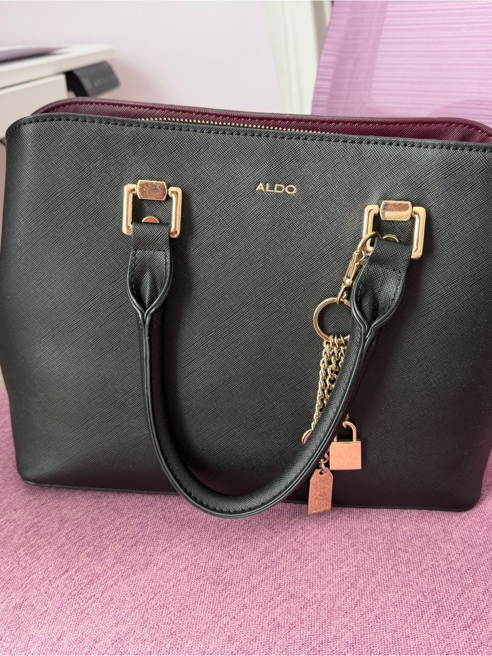 ALDO Black Satchel with Gold Chain Accent and Burgundy Trim